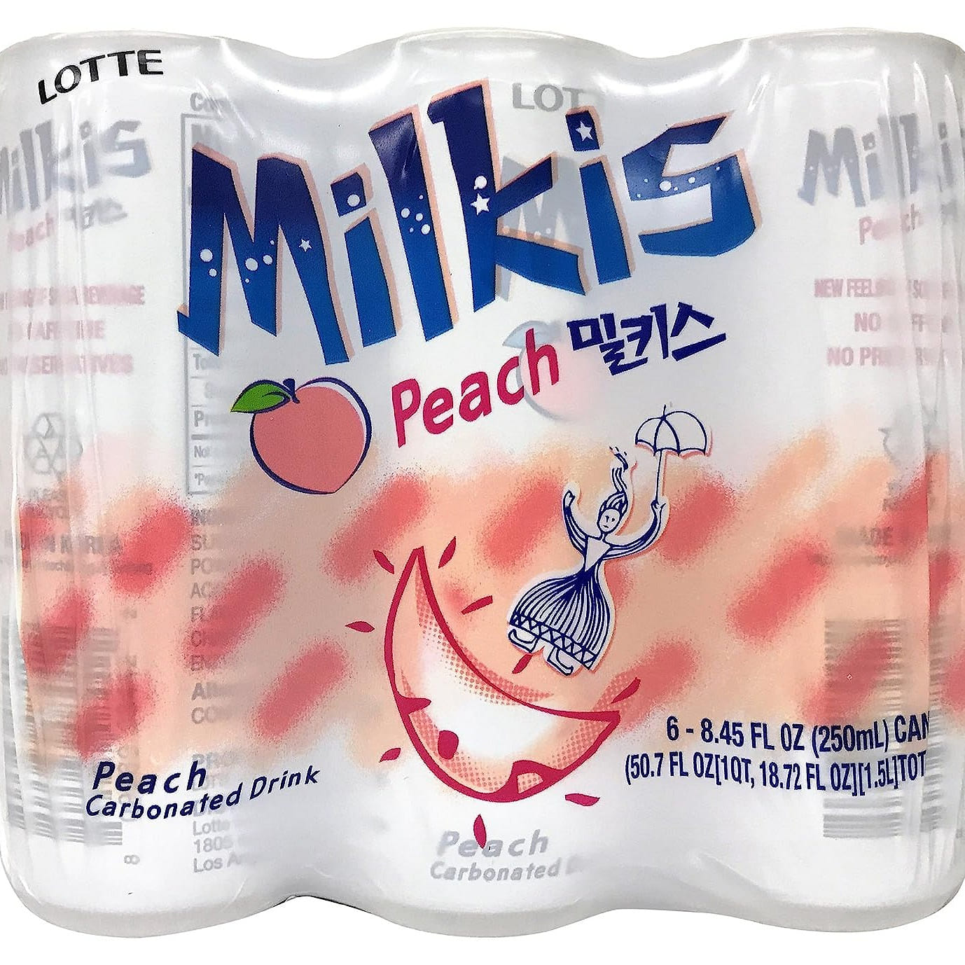 LOTTE Milkis Peach Flavored Carbonated Drink 8.45fl oz (250ml) x 6Cans 50.7 액량 온스