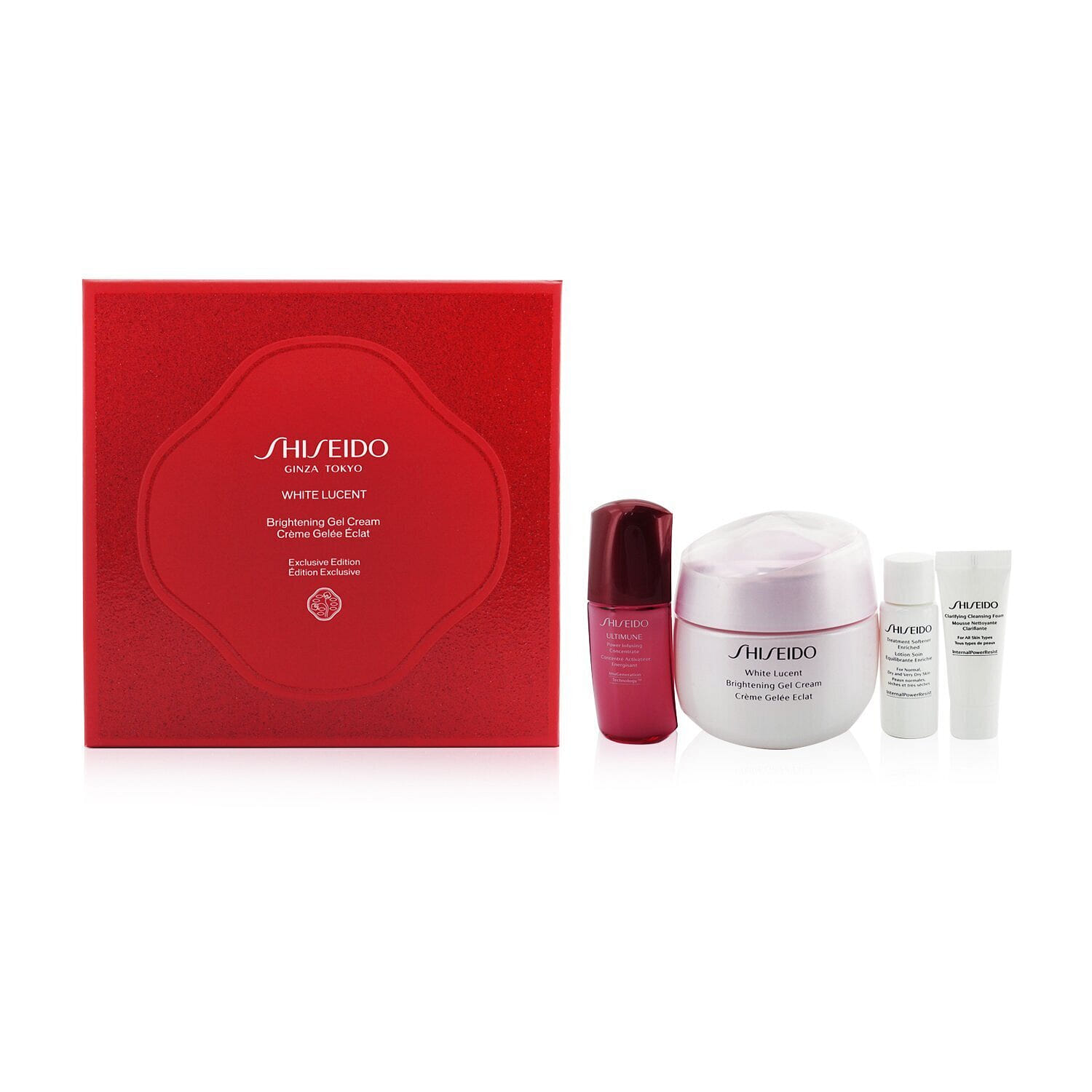 Shiseido White Lucent Holiday Set: Gel Cream 50ml + Cleansing Foam 5ml + Softener Enriched 7ml + Ultimune Concentrate 10ml 4pcs 4 each