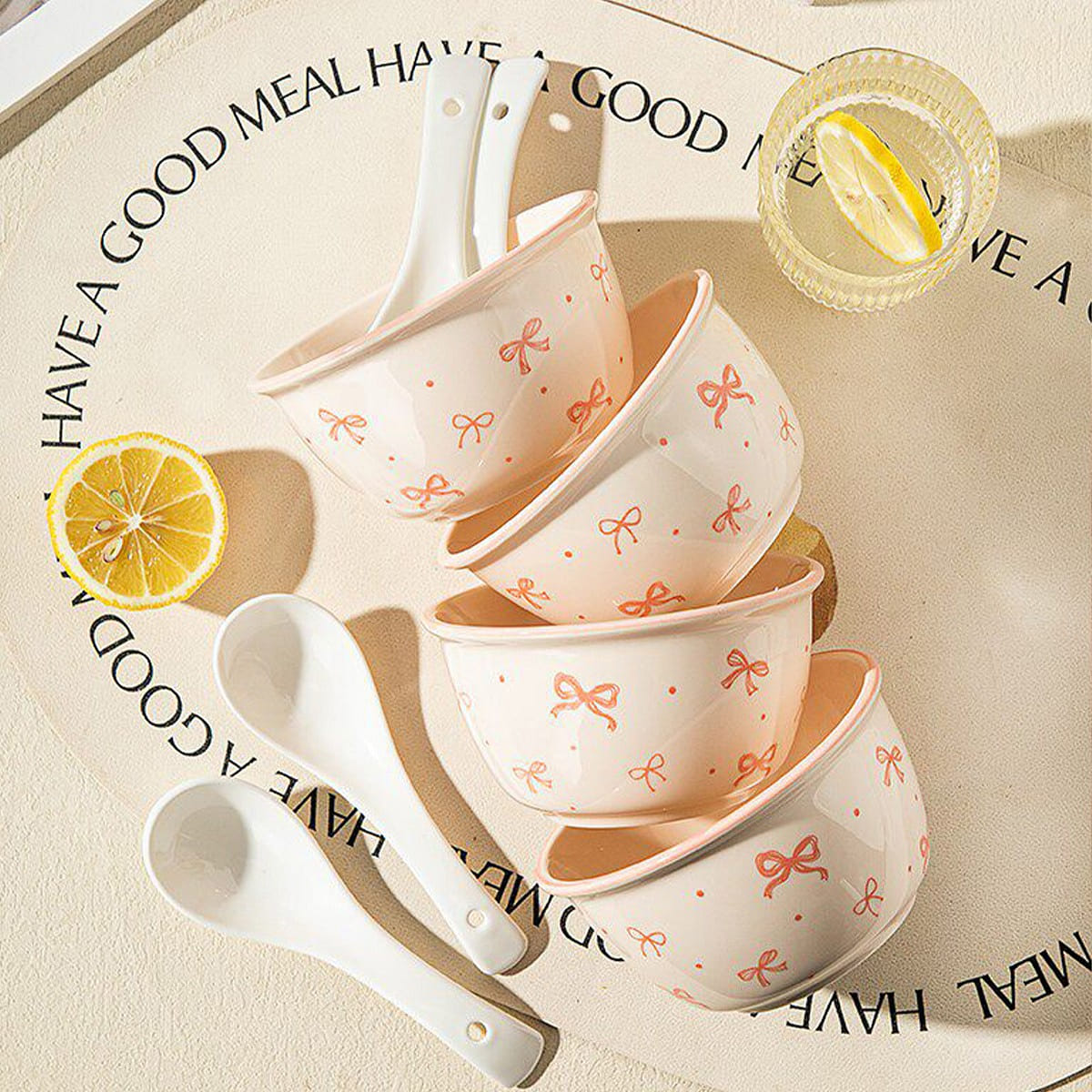 4.5" Bowknot Ceramic Bowls, 2 Pink & 2 White 1 box