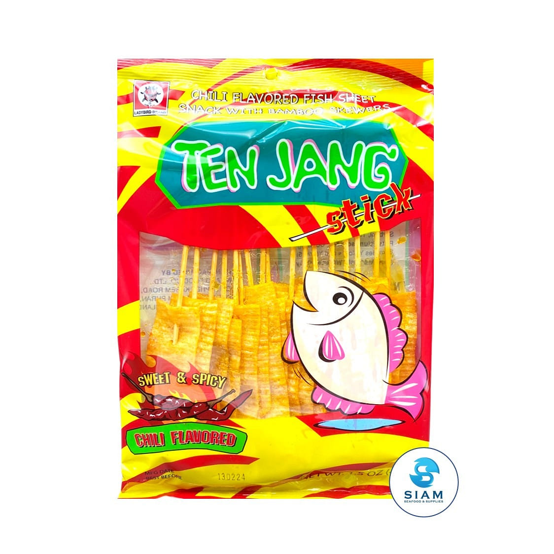 Ten Jang Fish Sheet Snack with Bamboo Skewers, Chili Flavor 1.5 ออนซ์