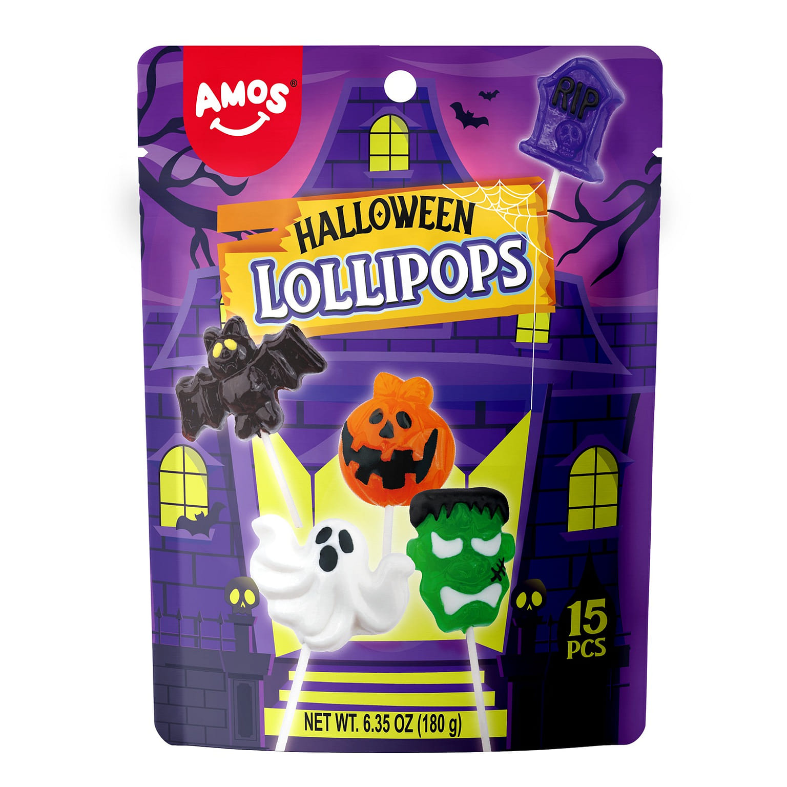 Amos Halloween Candy Lollipop, Monster Variety Suckers Individually Wrapped15pcs 6.35 ออนซ์