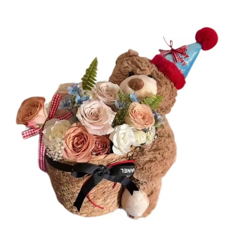 Bear Doll Hug Bucket Bouquet Eternal Flower Birthday Gift Party Party-Full Color 1 ส่วน