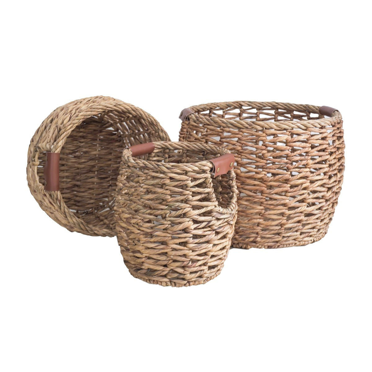 Round Woven Water Hyacinth Baskets with PU Leather Accent on Cutout Handles 1 each
