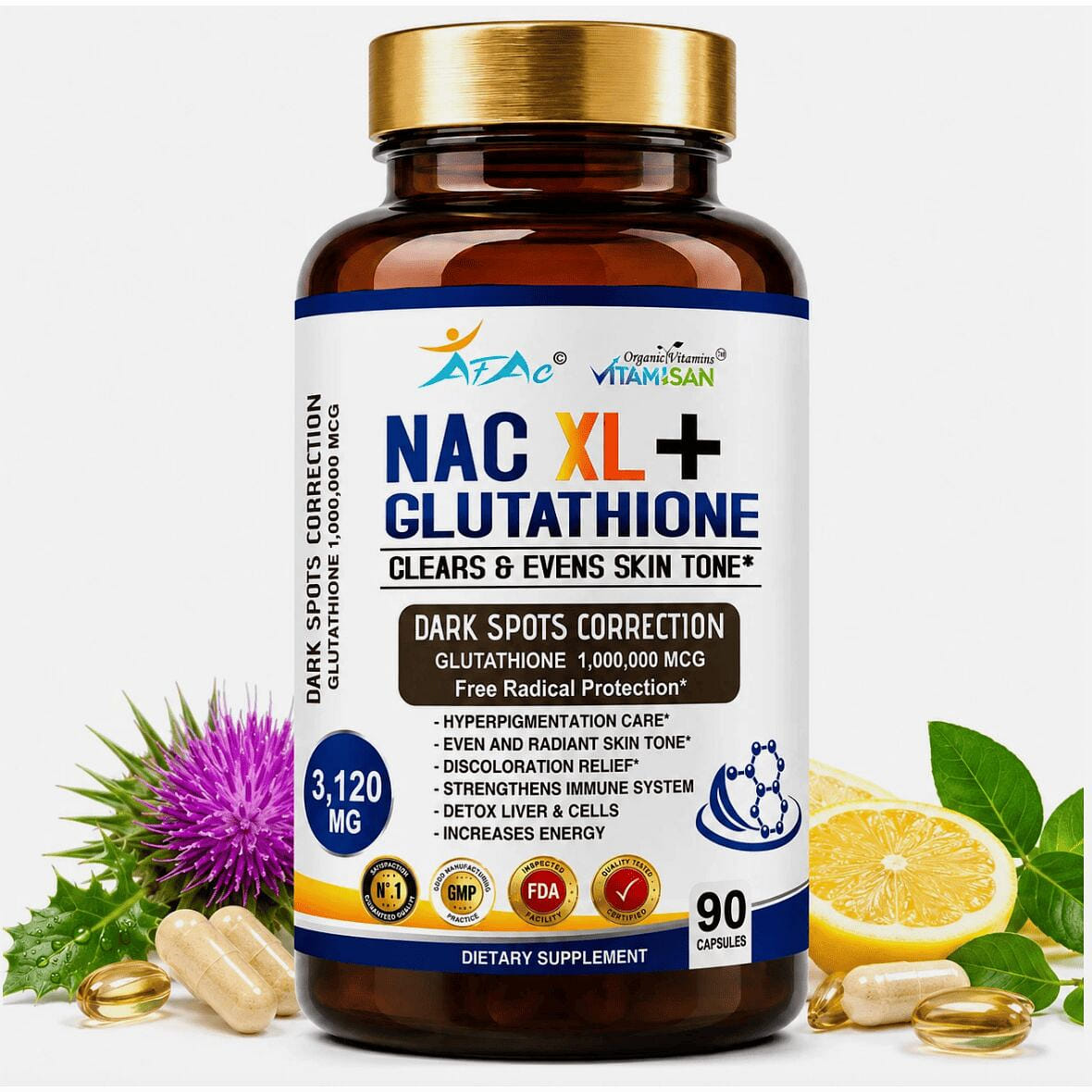 NAC XL + Glutathione 3120mg 90 Capsules Antioxidan 1 bottle