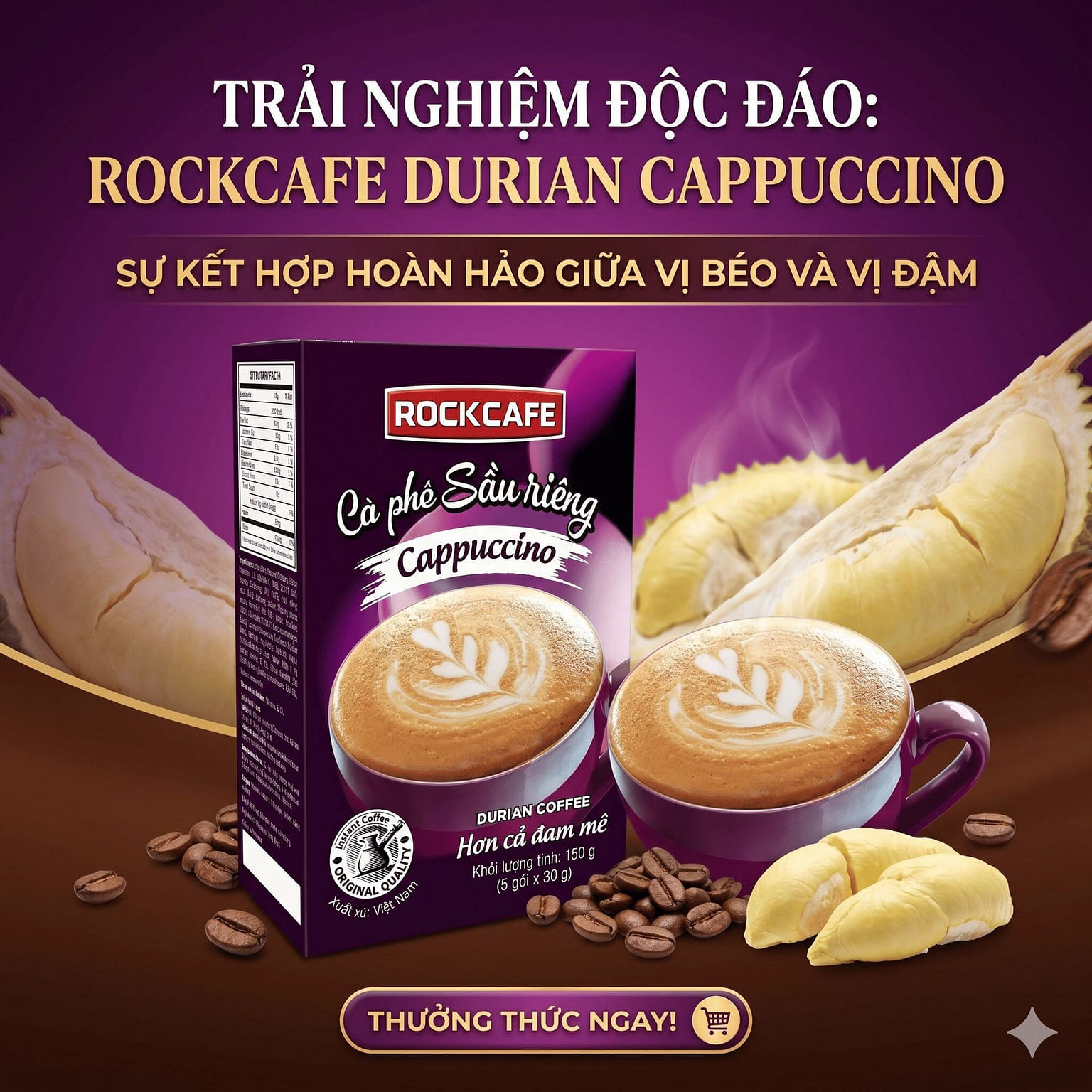 RockCafe Durian Cappuccino Coffee 150g (5 sticks) 1 box