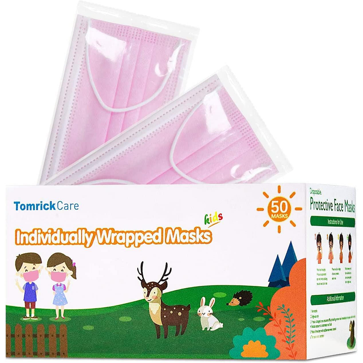 Pink Kids Disposable Face Mask ,3 Ply Filter Protection , Individually Wrapped 50 개입