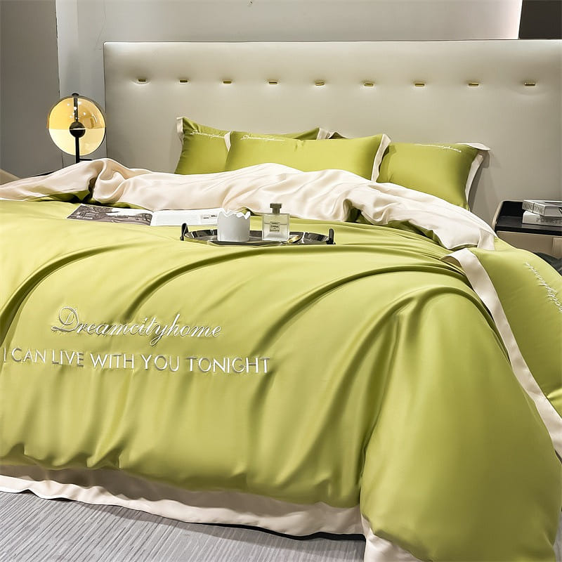 [Olive green milk1.5*2] Four piece set on silk bed 1 each
