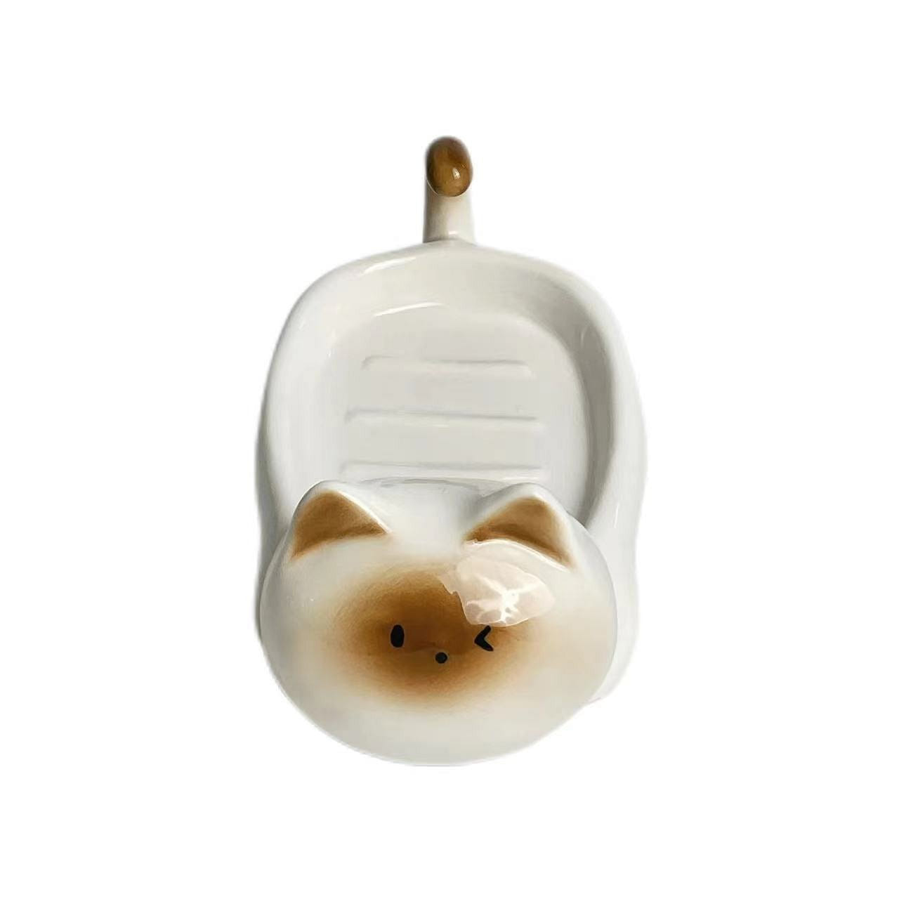 Siamese Cat Ceramic Soap Box Bathroom Soap Box - Milk White 1 Pc 1 개입