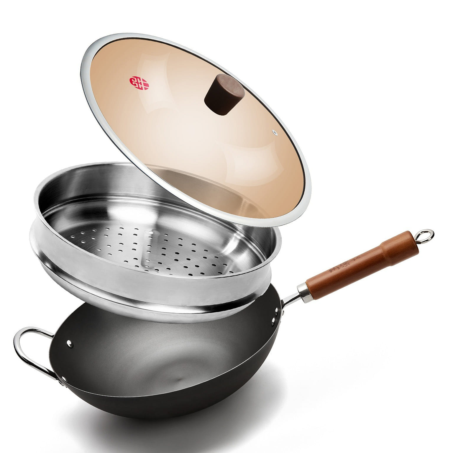 WANGYUANJI 32cm Chinese Cast Iron Wok with Stainless Steel Steamer 1 อัน