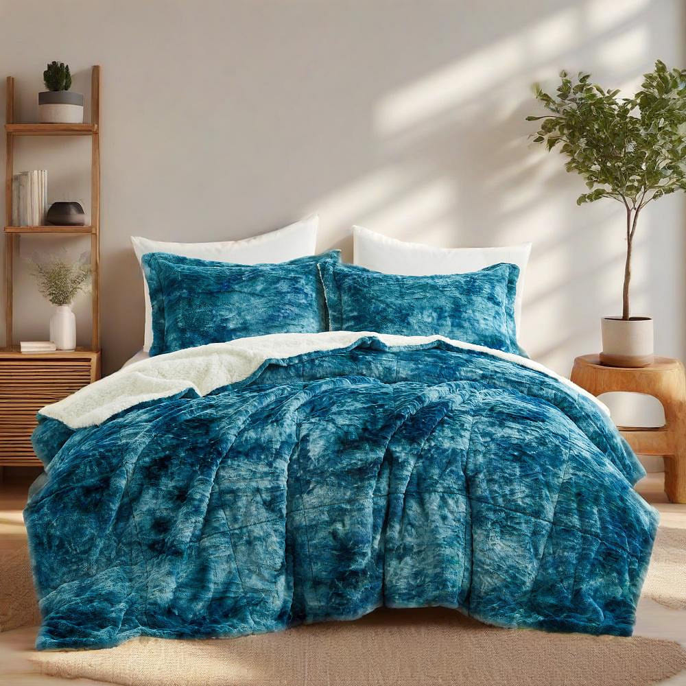 UNIKOME 3PC Warm Blanket Fleece Antistatic Comforter Set Peacock Blue Queen 1 개입