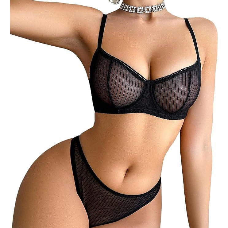 Women's Sexy Black Lace Bra Set Non-padded Size L 40 กรัม