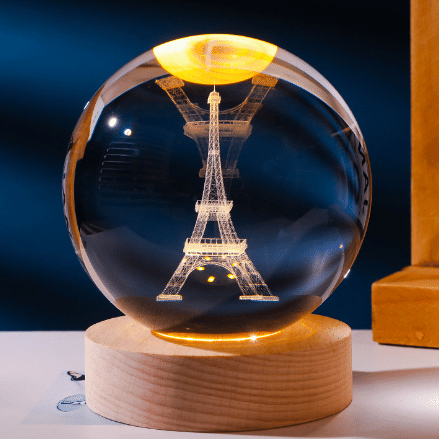 發光3d內雕8cm水晶球小夜燈暖光實木底座文藝擺件情侶同學生日創意禮物