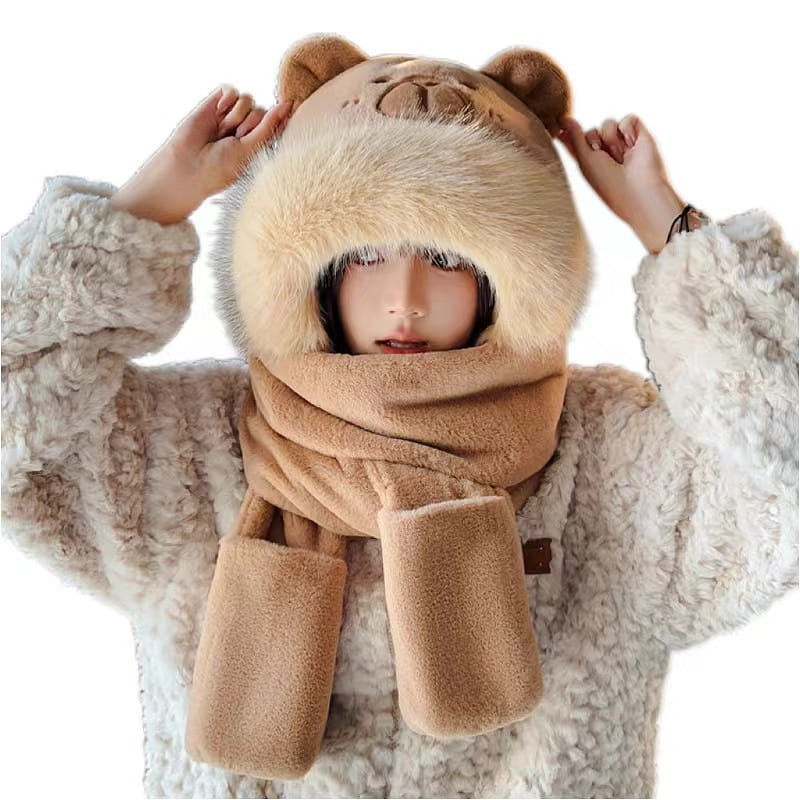 Capibala Hat Scarf And Gloves Three-Piece Winter Windproof Warm - Khaki 1 Pc 1 อัน