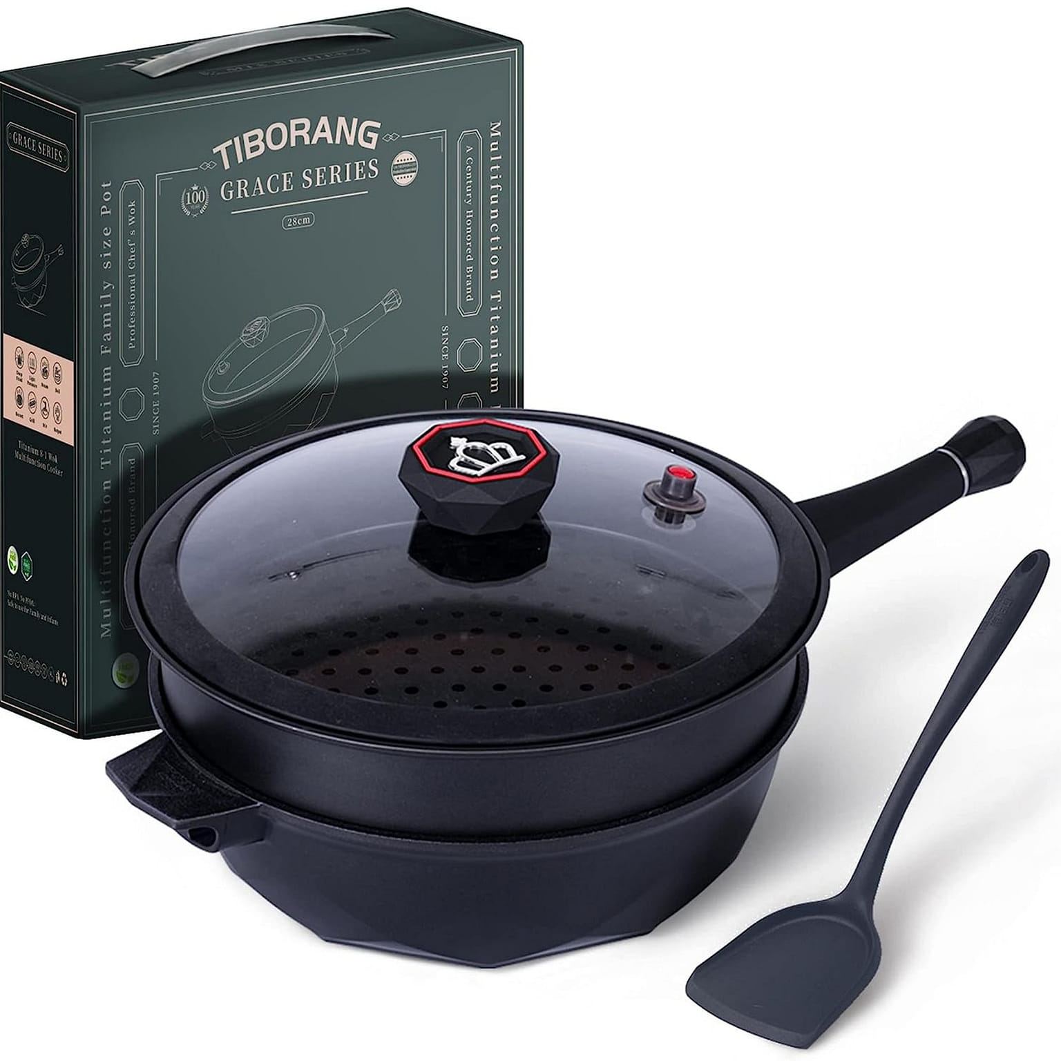 Tiborang 11" Frying Pans Nonstick with Lid 5 Quart Deep Wok with Steamer(Black) 5.7 ปอนด์