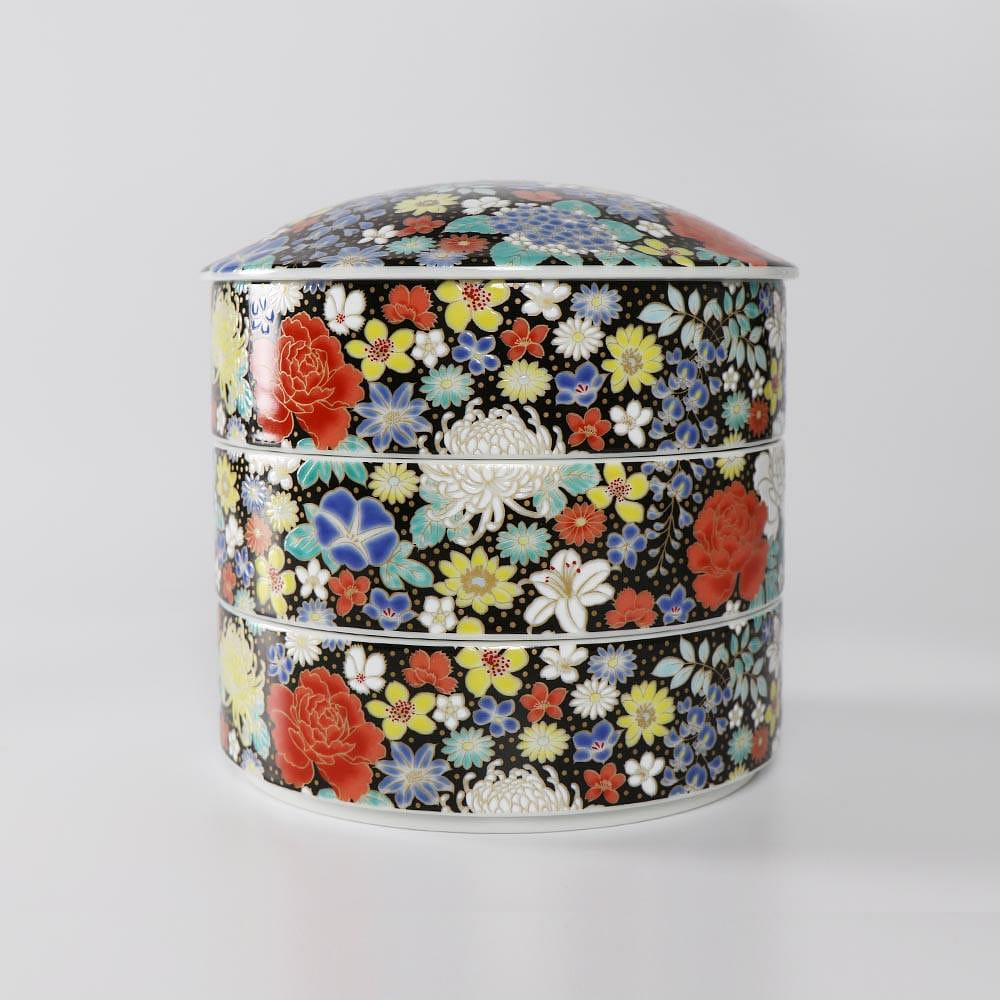Kutani Ware Handmade 3 Tiered Bento Box (Black Flower, 6.1" x 6.1") Made in JP 1 개입