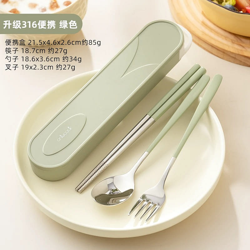 316 Chopstick Spoon & Fork 3-Piece Set Cream Green 1 box