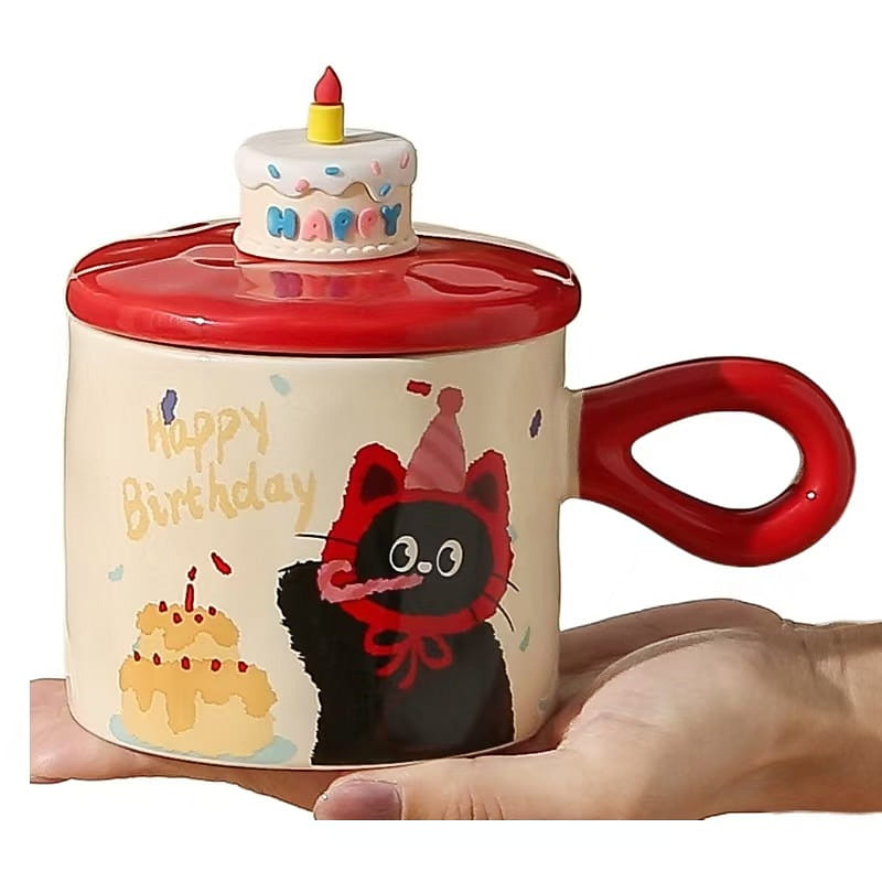 Gorgeous Ins Style Ceramic Mug With Lid Cute Couple Mc  Cat Cake Mode -Red 1PC 1 each