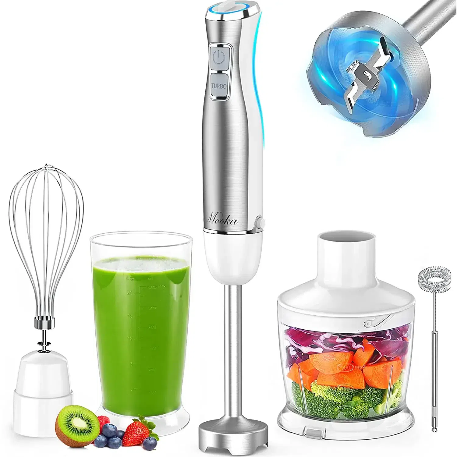 Hand Blender; 5 in 1 Multi-Purpose Immersion Blender set; 1100 watts 12 Adjustable Speed Stick Blender; 600ml Beaker; 500ml Food Processor Container; Egg Whisk; Milk Frother Attachments; White 1 개
