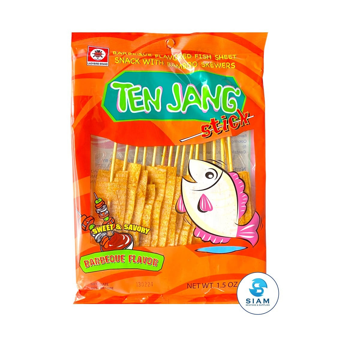 Ten Jang Fish Sheet Snack with Bamboo Skewers, Barbeque Flavor 1.5 盎司