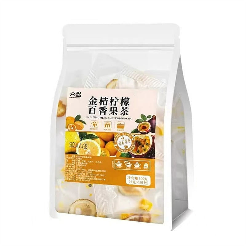Kumquat, lemon, and passion fruit tea, made with f 100 g