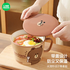 LINE FRIENDS Ceramic One Handle Noodle Bowl with Lid BROWN Model 1 each