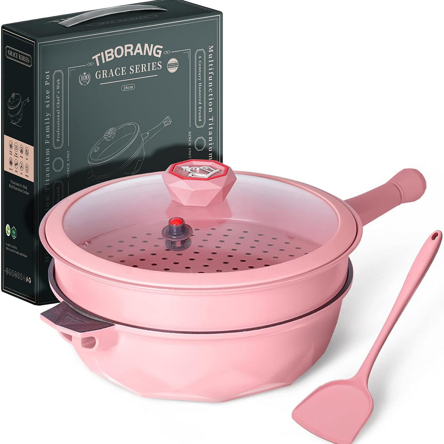 Tiborang 11" Frying Pans Nonstick with Lid 5 Quart Deep Wok with Steamer(Pink) 5.7 ปอนด์