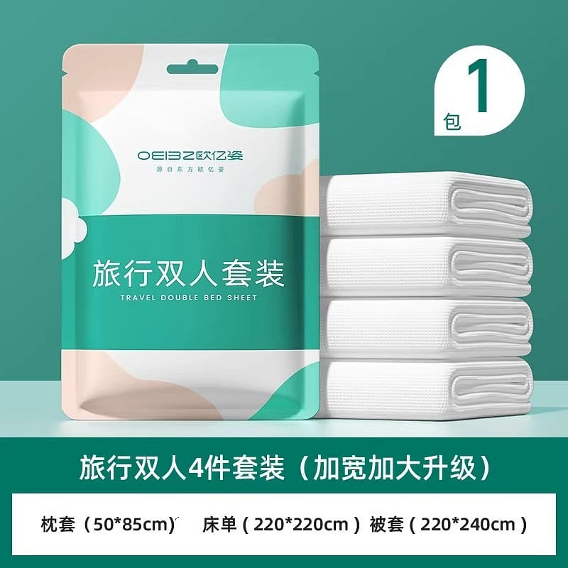 Travel-sized disposable bed sheet set for two, inc 1 each