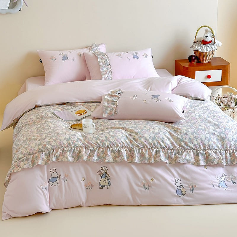 PurpleFloral Rabbit Embroidery BeddingSet Standard 1 each