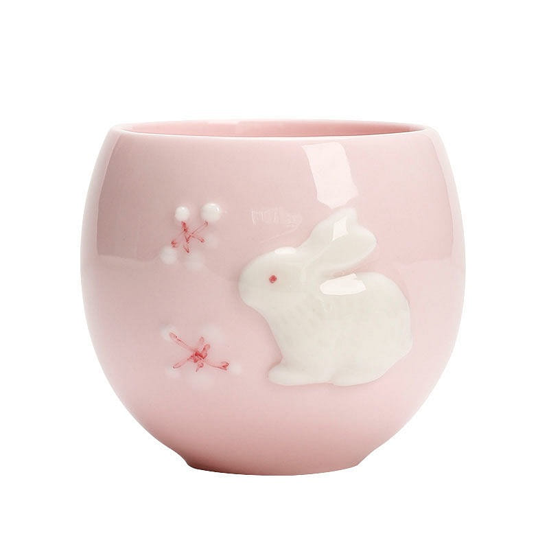 Rabbit Relief Ceramic Tea Cup- Pink Jade Rabbit Tea Cup Set Mid-Autumn 1 each