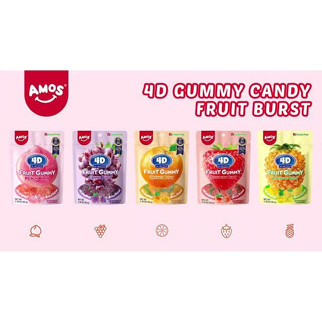 Amos 4D Fruit Gummy Peach Burst,  Fruity Snacks Jelly Filled Gummies Candy 2.29 oz