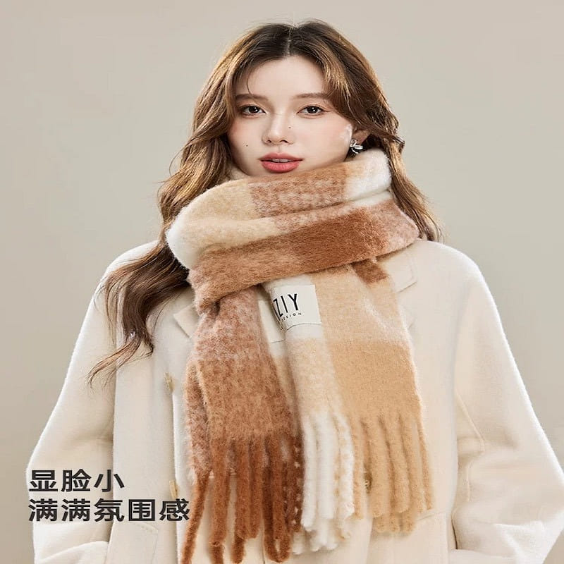 Rainbow plaid mohair wool scarf in beige color 1 개