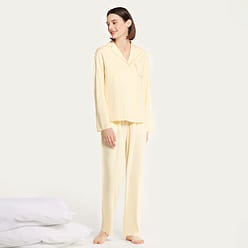 [중국직우] 우브라스 클래식 면 트임 칼라 잠옷 세트, 홈웨어 면 캐주얼 라이트 옐로우-S 120 그램