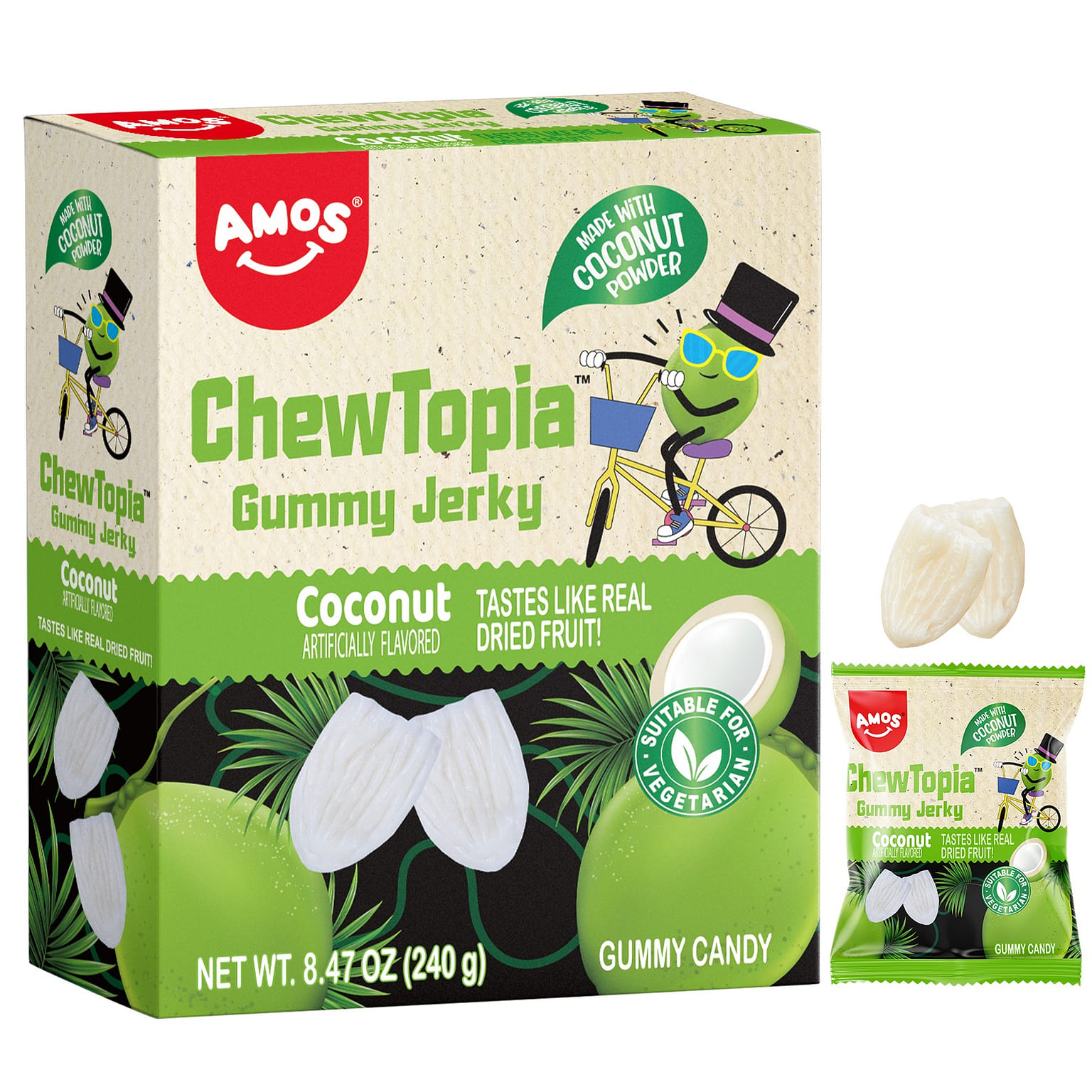 Amos Coconut Chewy Fruit Gummy Vegan Snack 240 그램