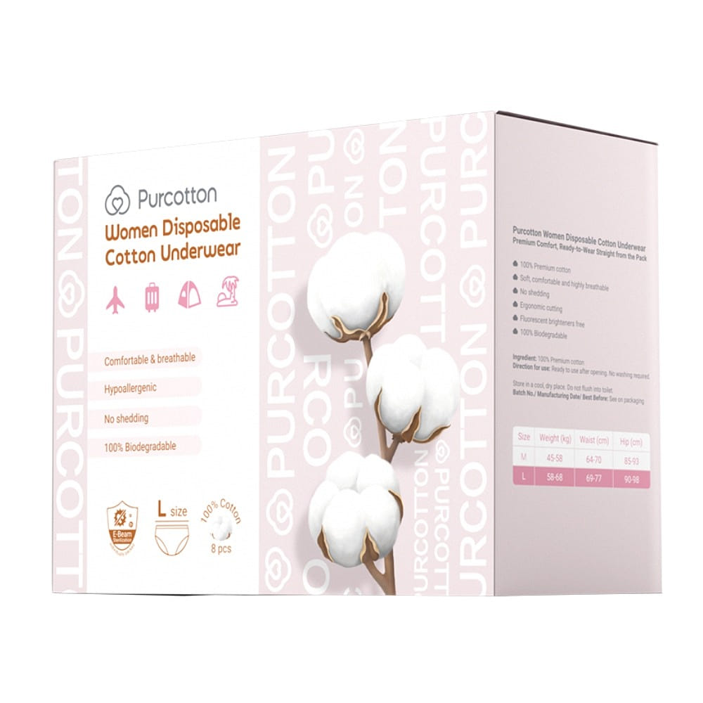 Purcotton Women 100% Cotton Disposable Underwear L 1 box