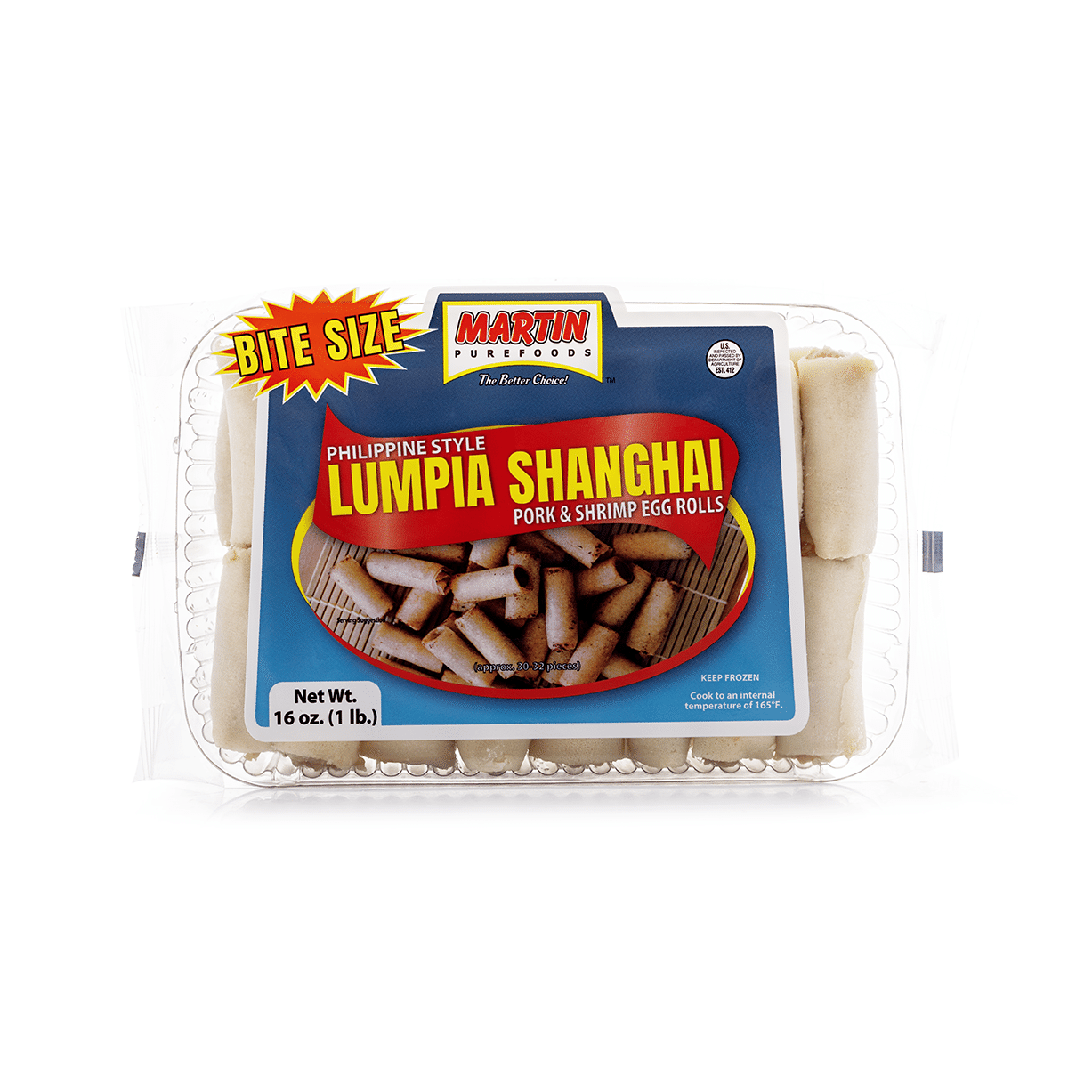 Martin Purefoods ลุมเปียเซี่ยงไฮ้หมูและกุ้ง ขนาดพอดีคำ แช่แข็ง 16 ออนซ์