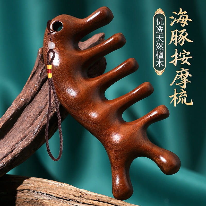 Natural Golden Sandalwood Massage Comb Bare Dolphin Comb + Anti-Drop Cord 1 ส่วน