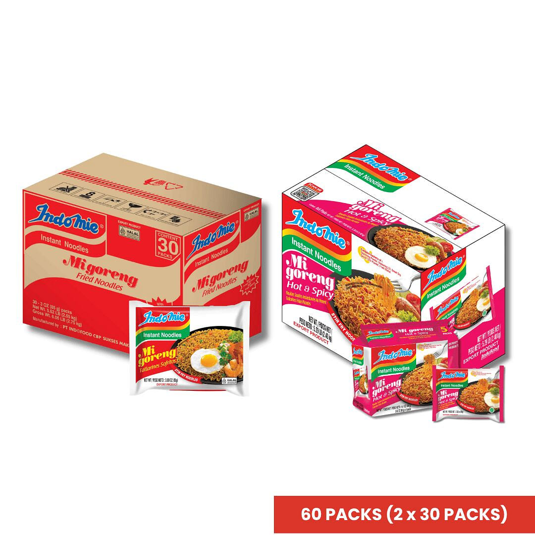 Indomie Original & 30 Hot and Spicy Flavor Noodle 1 count*60 pack