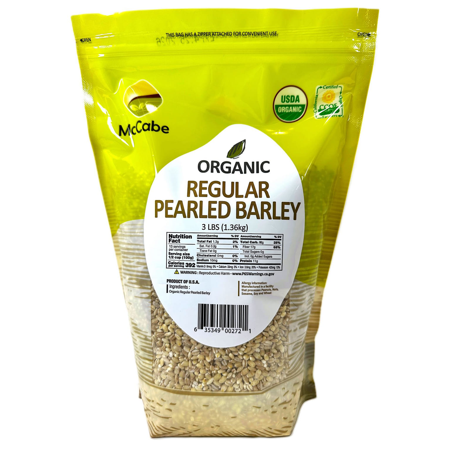 McCabe Organic Regular Pearled Barley, 3-Pound, USDA Certified Organic,  CCOF 3 ปอนด์