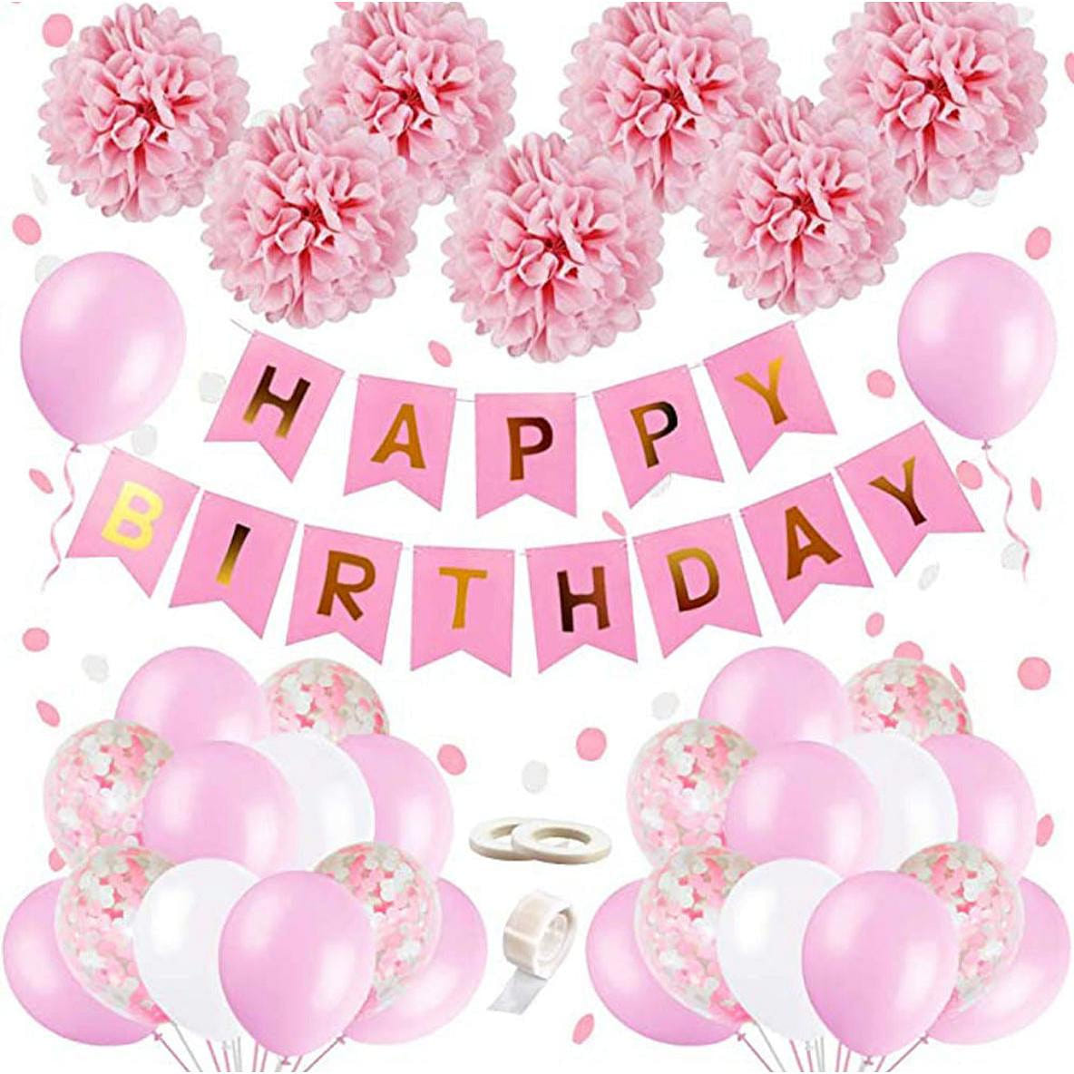Pink Party Decorations Happy Birthday Confetti Balloons with Banner,Tissue Paper Pompoms and Pink Balloons 1 個