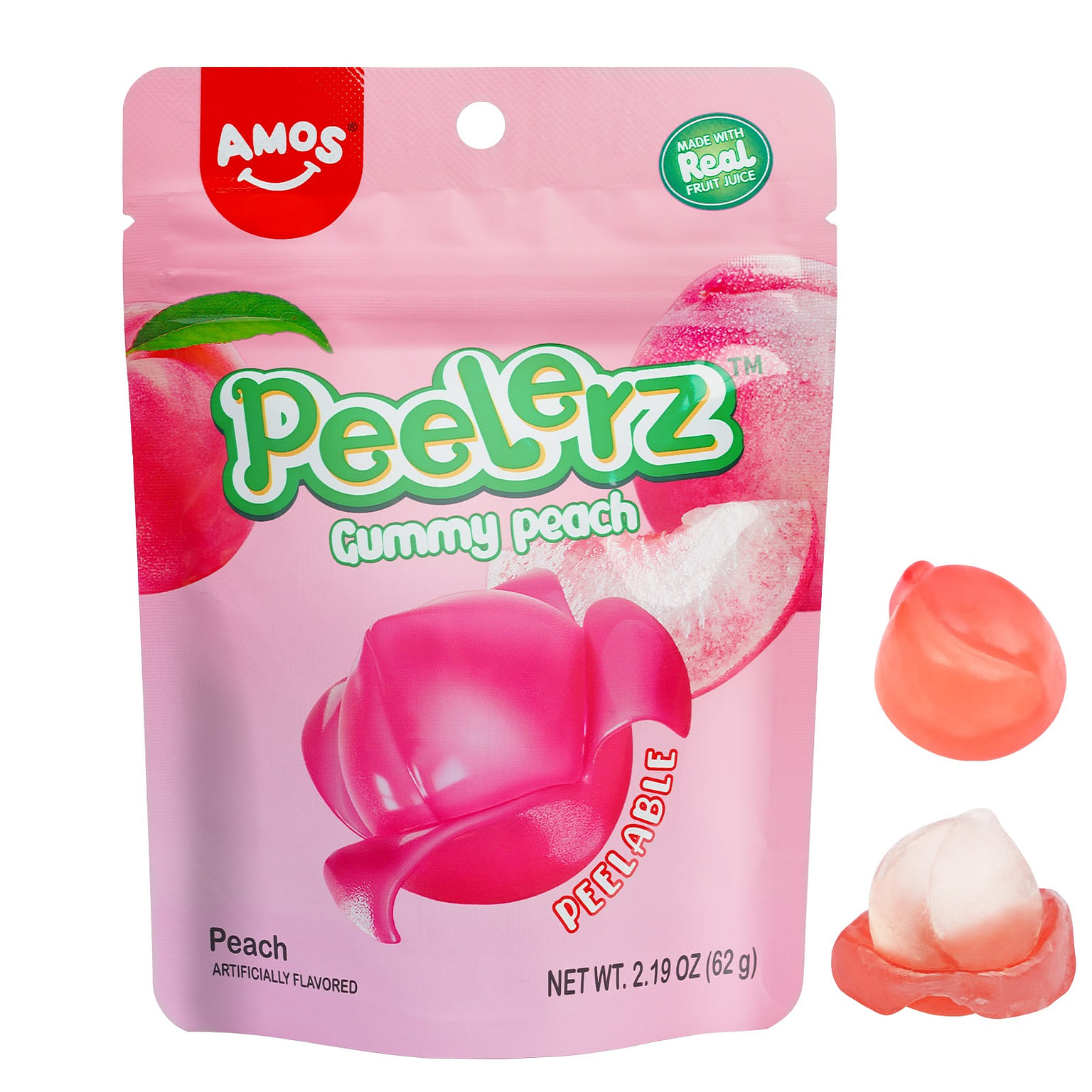 Amos Peelzer Gummy Peach Peeling Candy,Peelable Fruit Snacks Resealable (8 pack) 17.52 ออนซ์