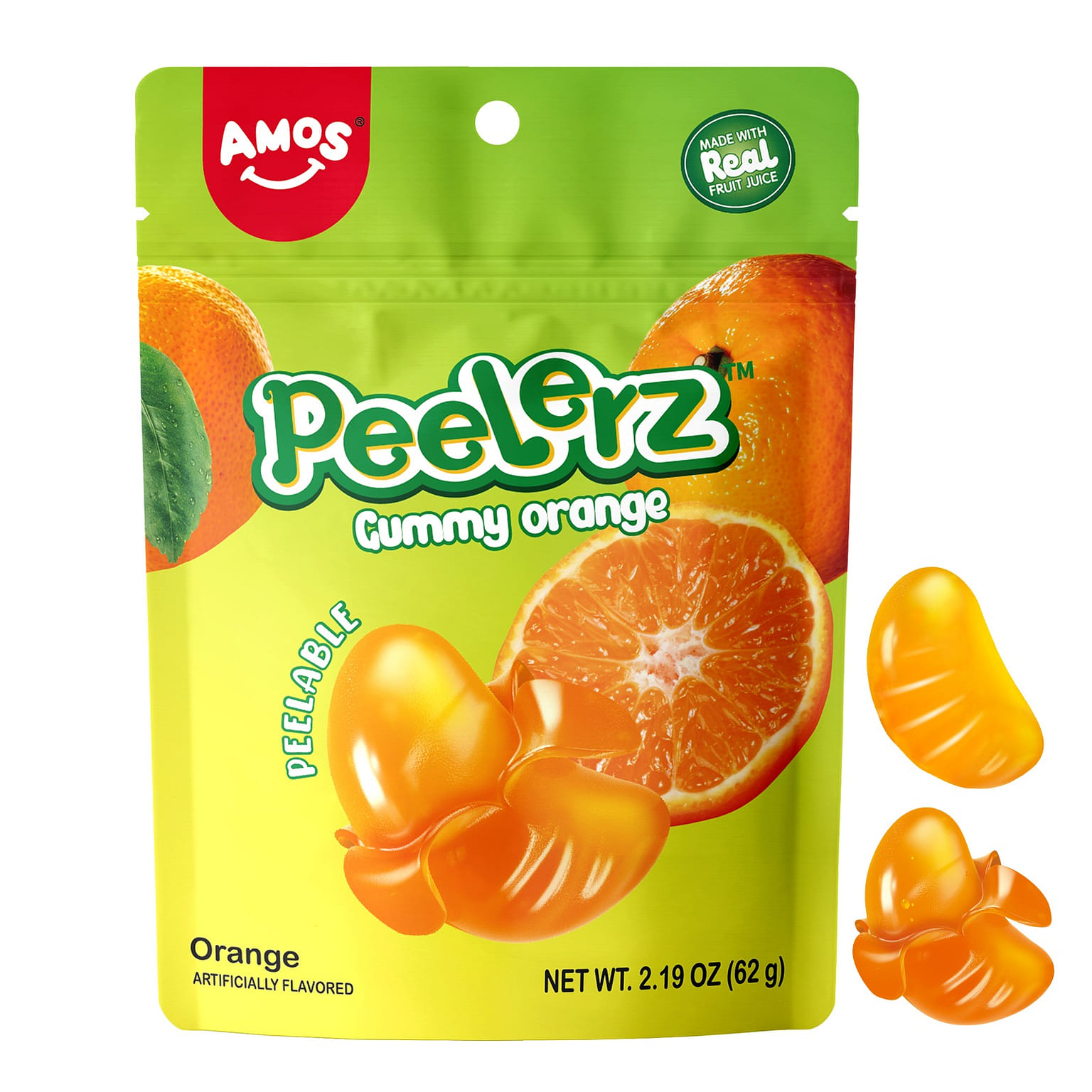Amos Peelable Gummy Candy Orange 4D Gummies Peely Fruity Filled Candy 2.19 OZ 2.19 ออนซ์