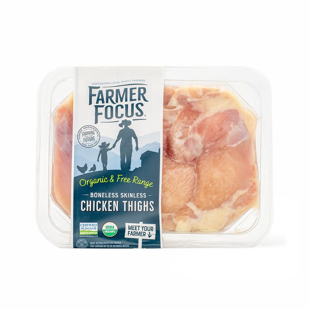Farmer Focus Organic Boneless Skinless Chicken Thighs, Frozen 1.1-1.4 lb