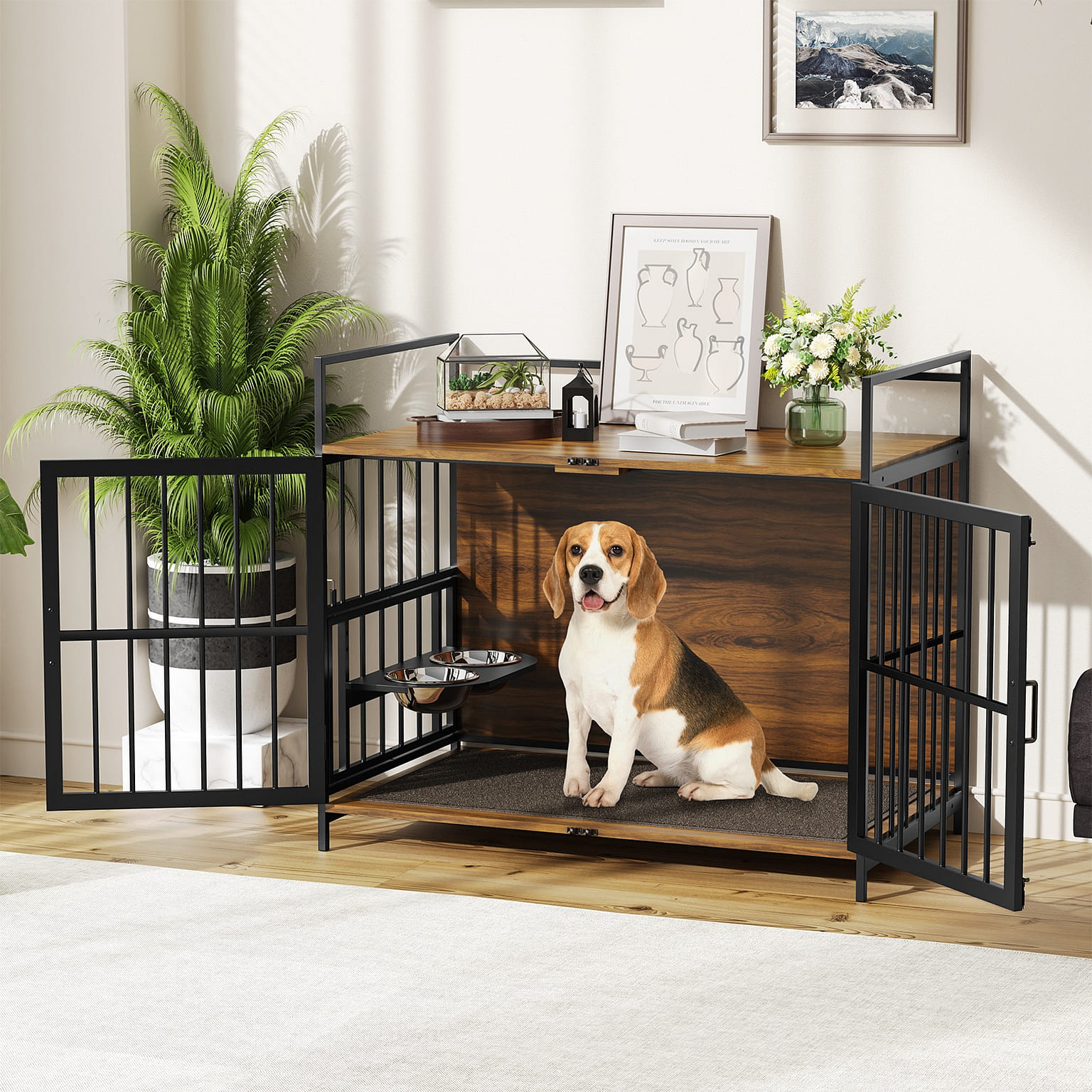 41 Inch Furniture Style Dog Crate with 2 Stainless Steel Bowls 1 개입