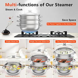 3-Tier Stainless Steel Steamer, Meat Vegetable Cooking Steam Pot Kitchen Steamer 1 each