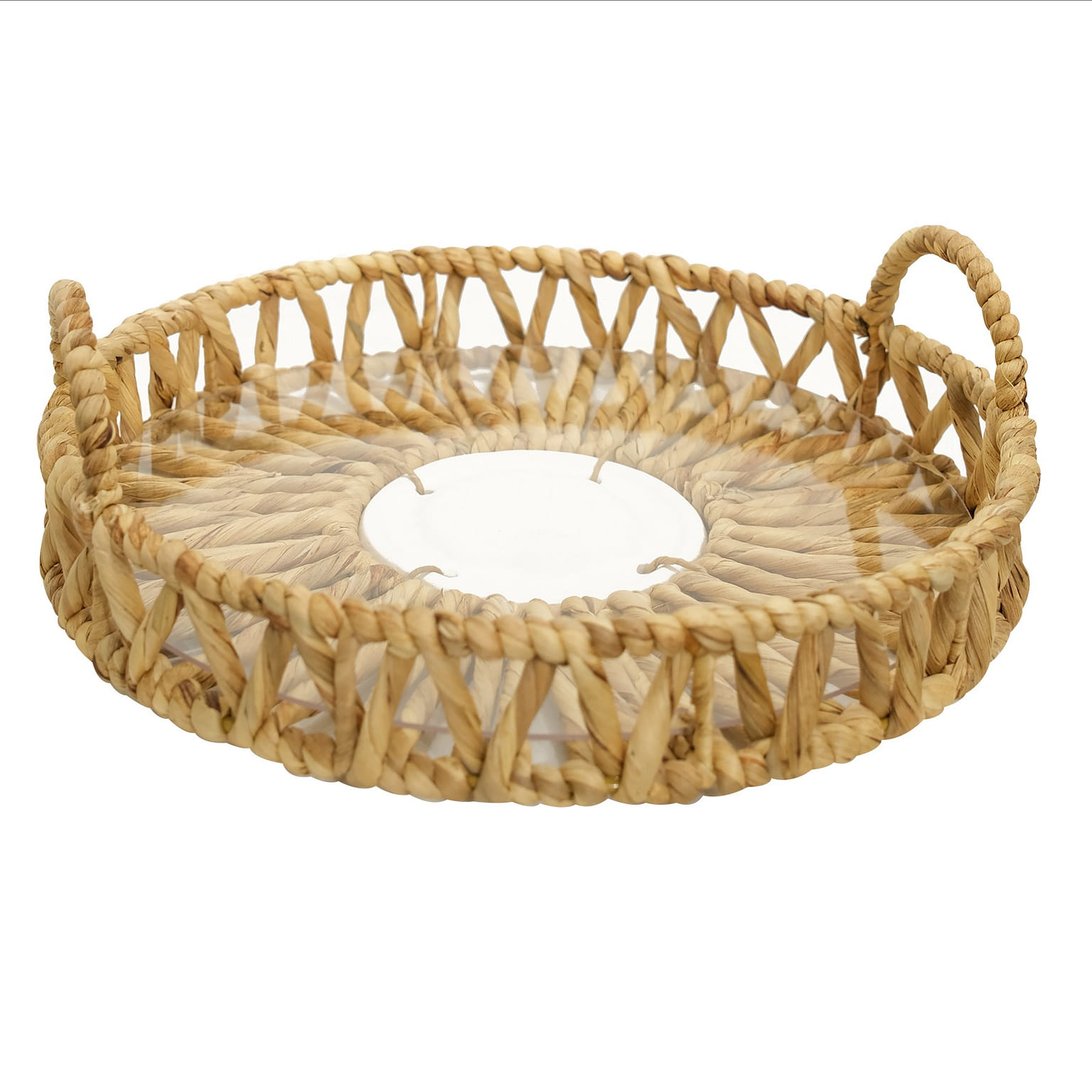 Twisted Water Hyacinth Round Tray With Glossy White Ceramic Tile 1 each