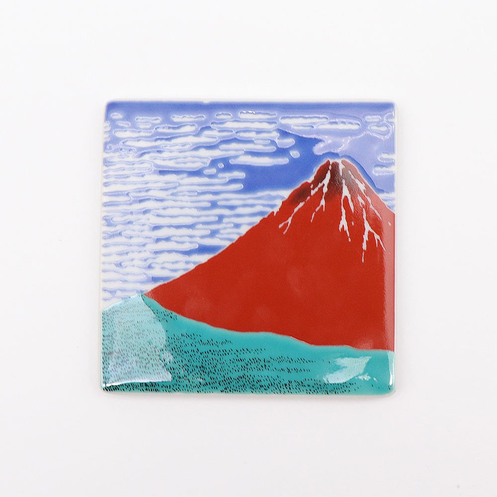 Kutani Ware Square Coaster (Hokusai Red Mt. Fuji, 3.54" x 3.54") Made in Japan 1 ส่วน