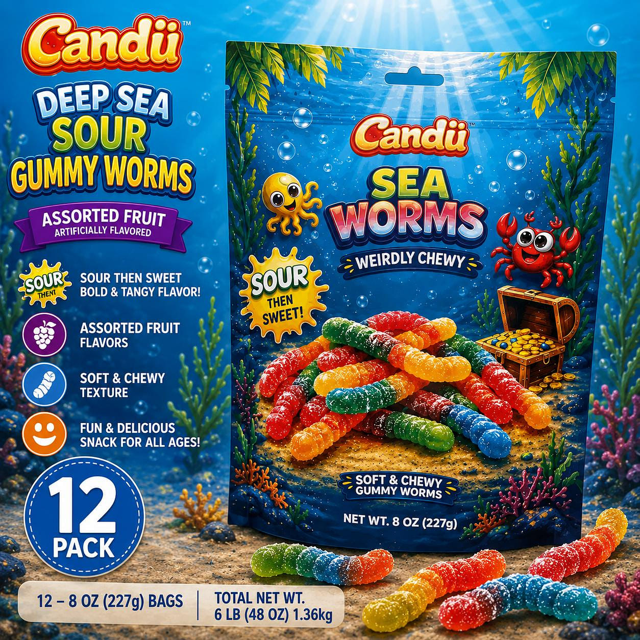 Candu Deep Sea Sour Worms Assorted Fruit 12pk 1 each