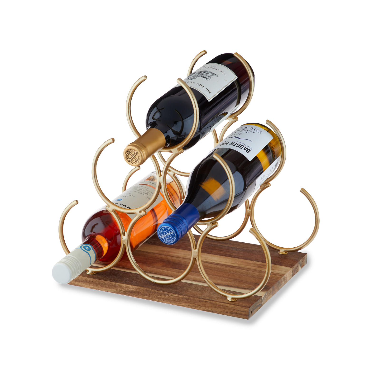 Twine Pyramid 6 Bottle Wood Wine Rack, Holds 6 Standard Wine Bottles, Wood Base, Gold 1 ส่วน