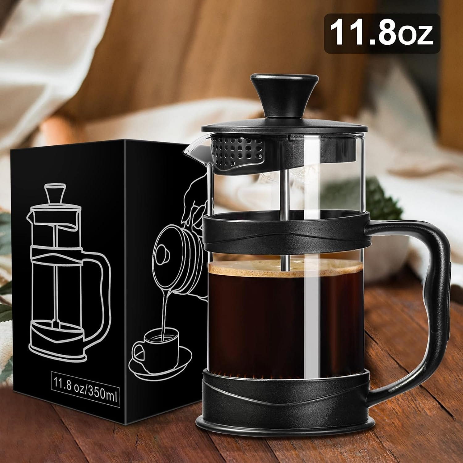 Black heat-resistant glass coffee/tea press 11.8OZ 11.8 ออนซ์ของเหลว