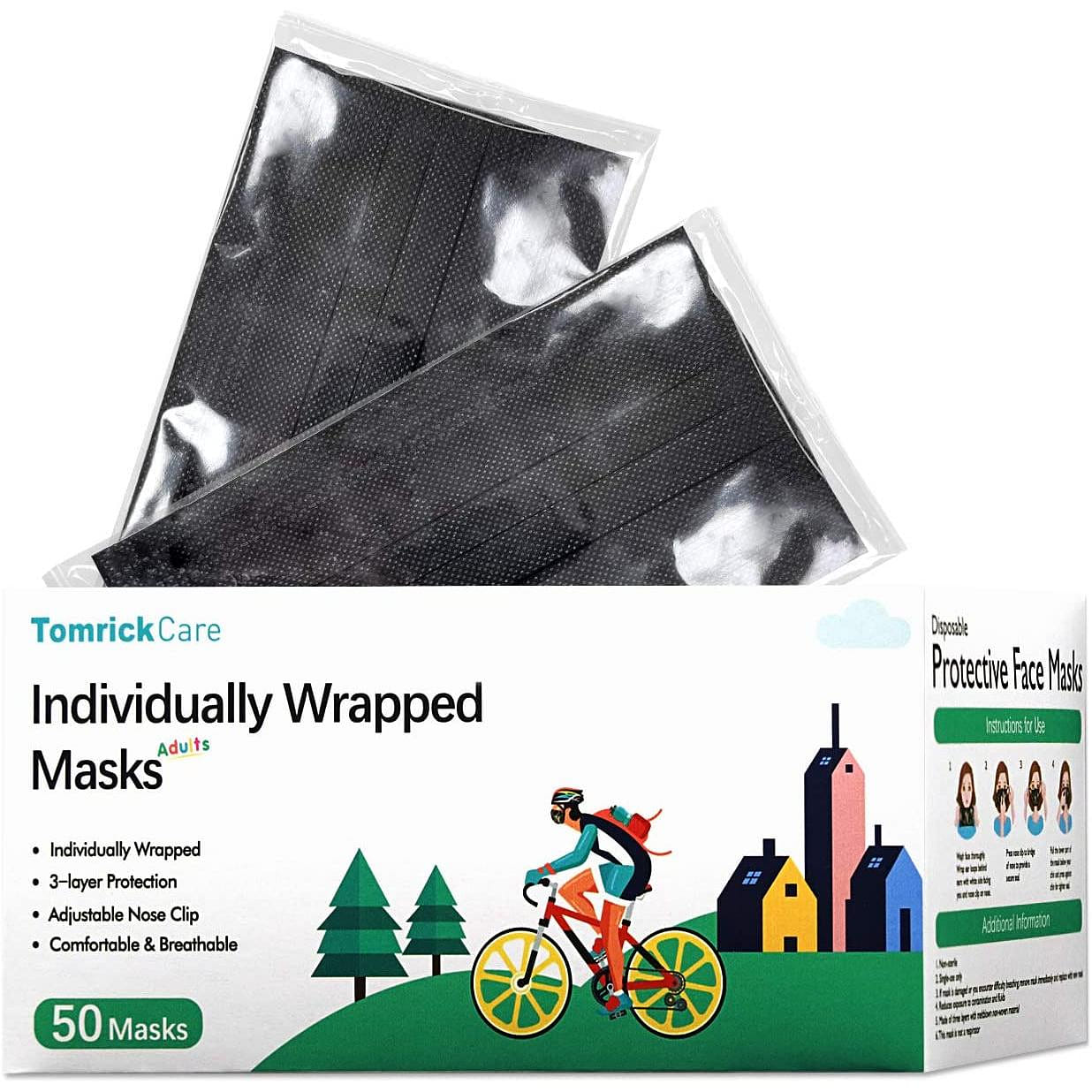 Black Disposable Face Masks for Adults, Individually Wrapped 50 ๊ฐ์
